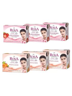Rosa Transparent Strawberry And Peach & Olive Gel Soap I Bathing Bar I For Soft And Smooth Skin I Pack 6 *100G Each (Strawberry-3 And Peach & Olive-3) image