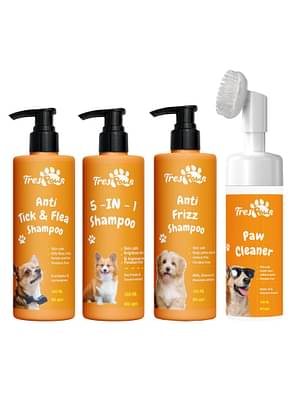 Trespaws Tick & Flea, Anti Frizz, 5In1 Dog Shampoo + Paw Cleaner Combo Pack Of 4 image